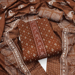 Brown Printed With Embroidered Cotton Blend Dress Material