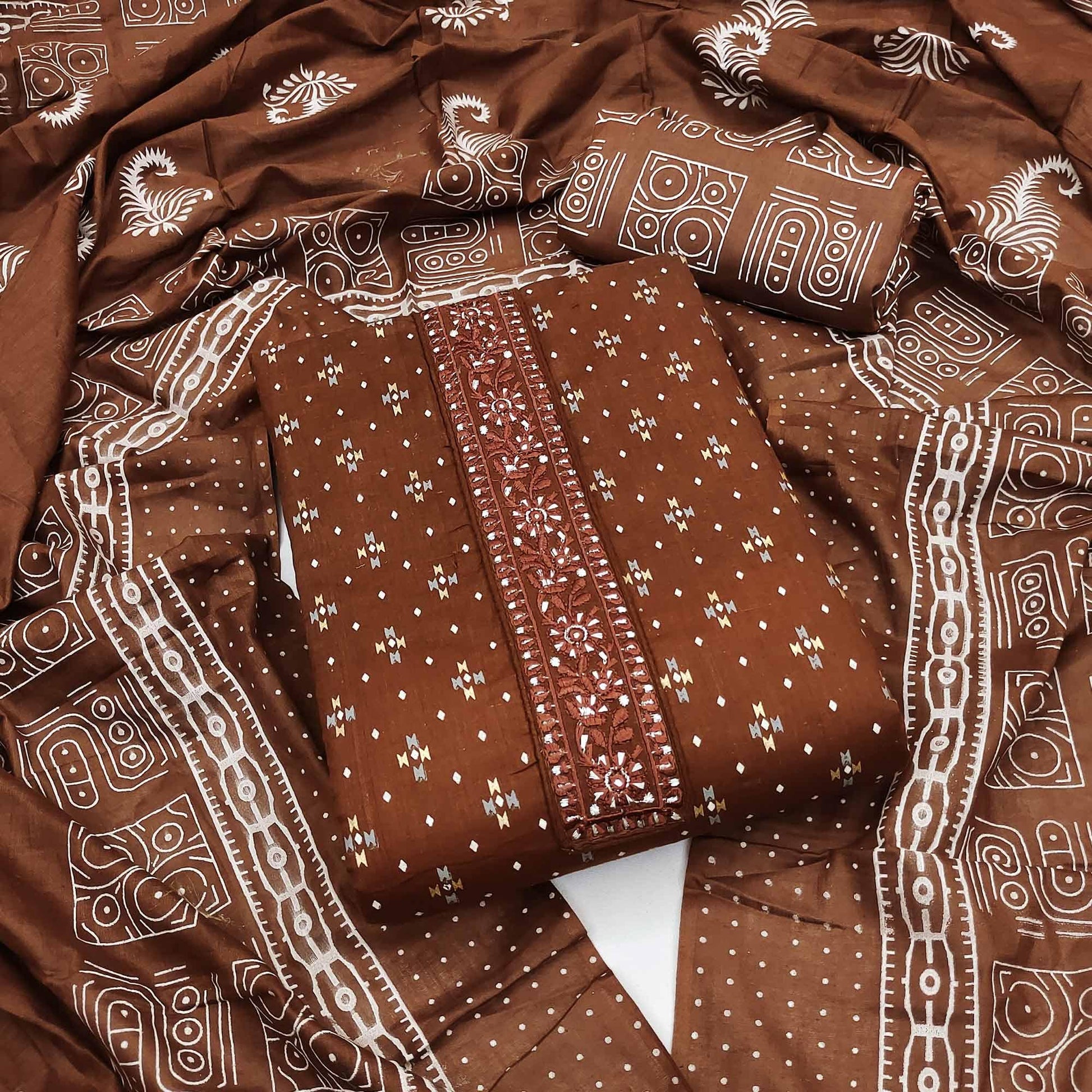 Brown Printed With Embroidered Cotton Blend Dress Material