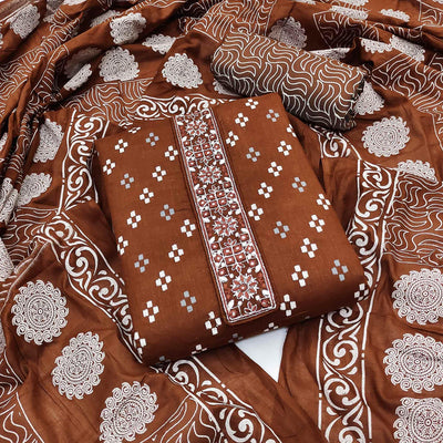 Brown Printed With Embroidered Cotton Blend Dress Material