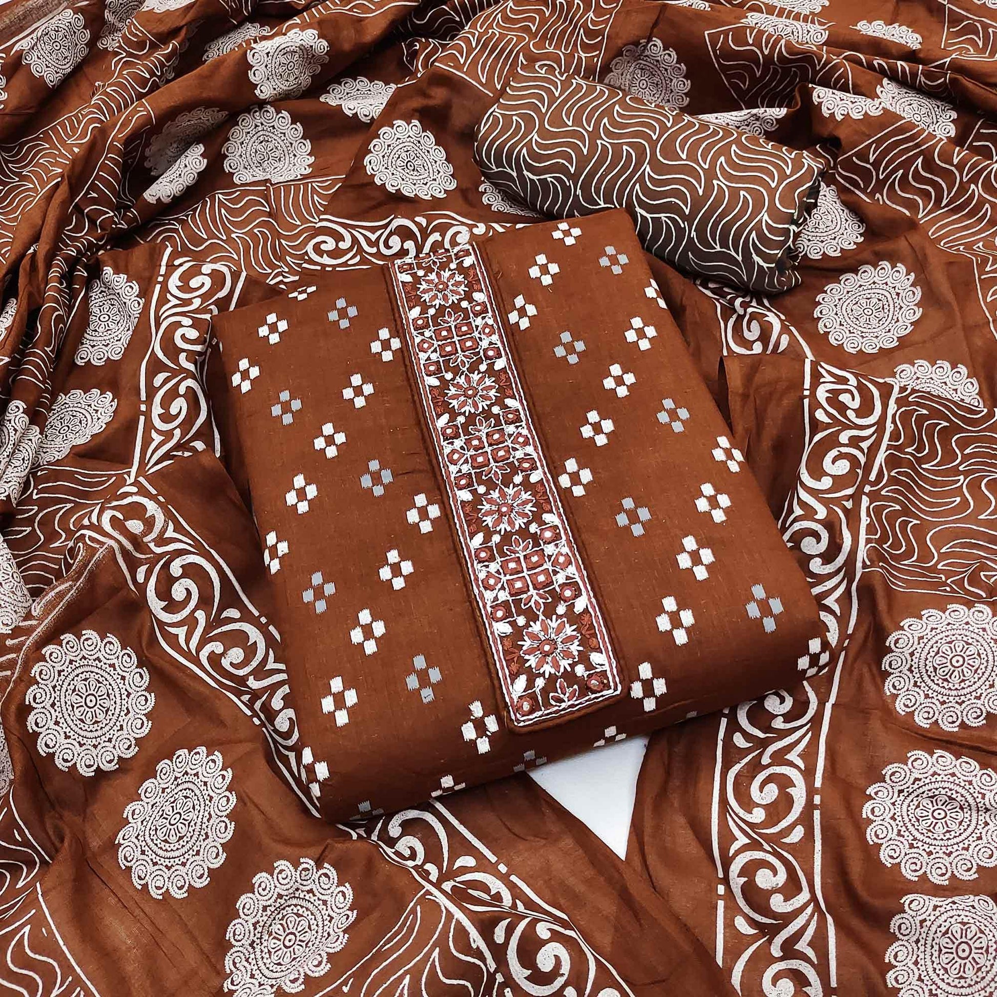 Brown Printed With Embroidered Cotton Blend Dress Material