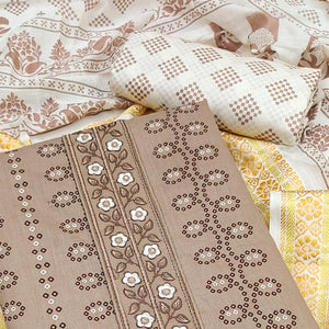 Brown Printed With Embroidered Cotton Blend Dress Material