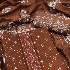 Brown Printed With Embroidered Cotton Blend Dress Material