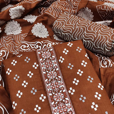Brown Printed With Embroidered Cotton Blend Dress Material