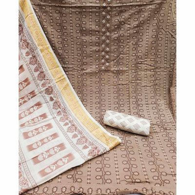 Brown Printed With Embroidered Cotton Blend Dress Material