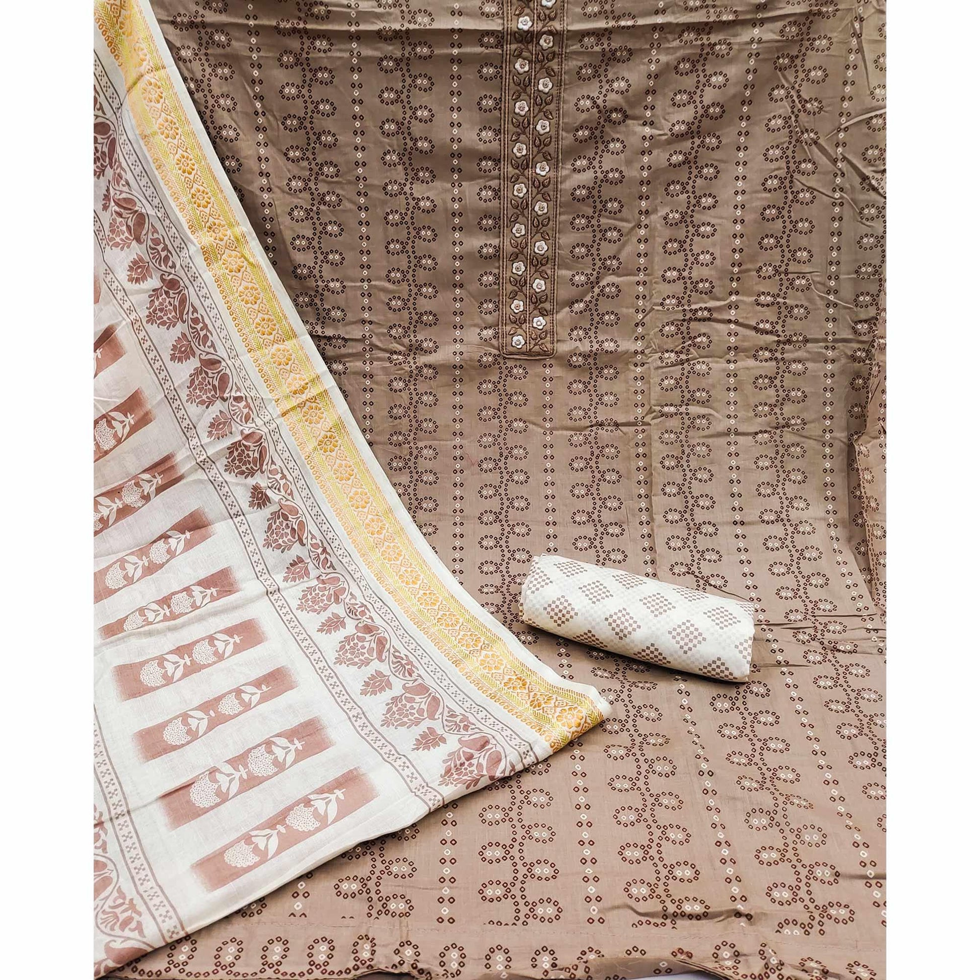 Brown Printed With Embroidered Cotton Blend Dress Material