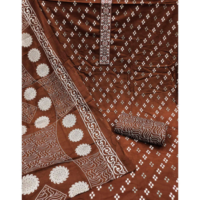 Brown Printed With Embroidered Cotton Blend Dress Material