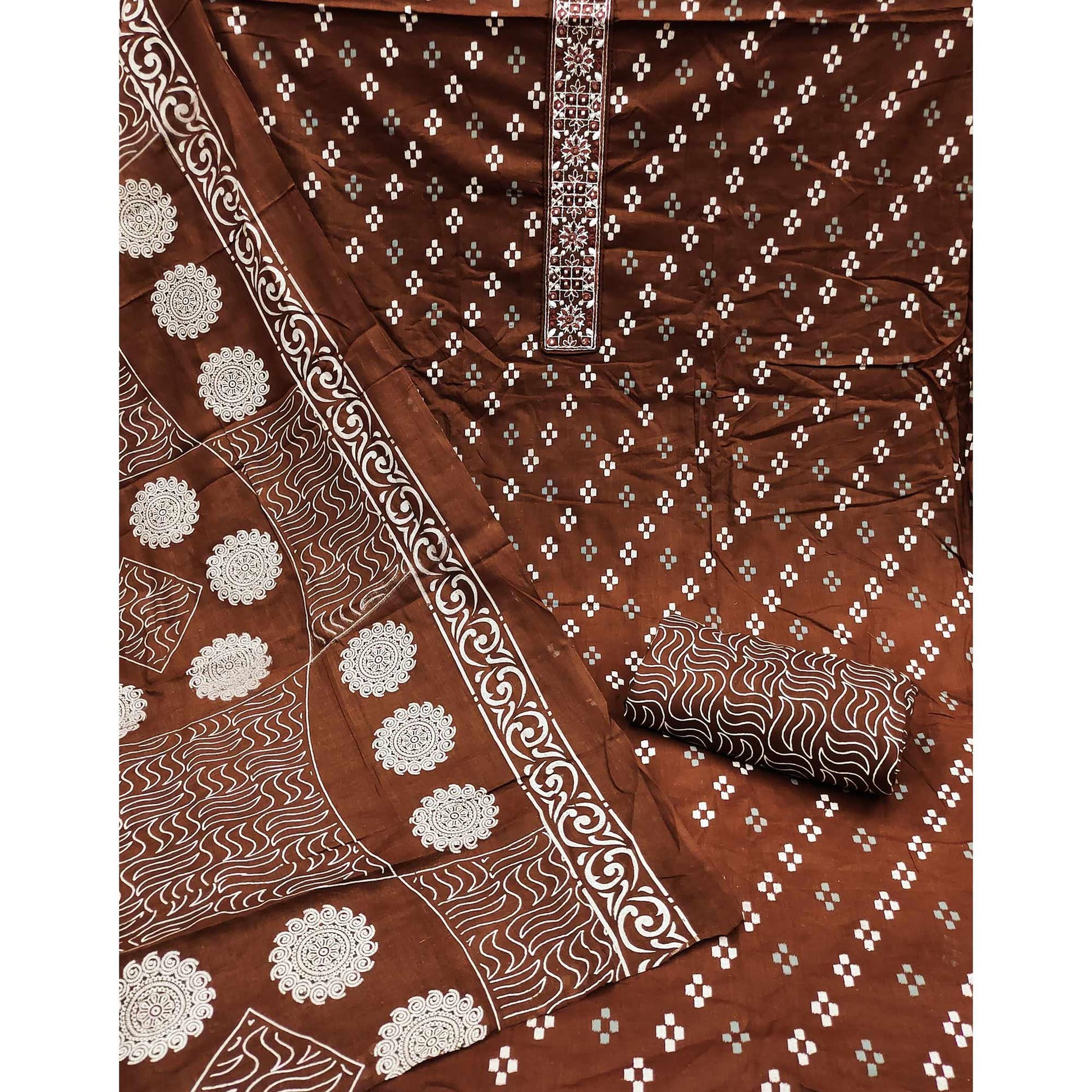 Brown Printed With Embroidered Cotton Blend Dress Material