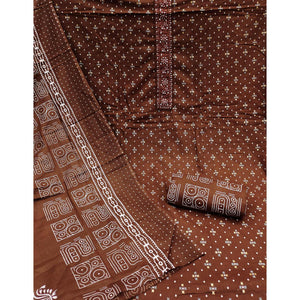 Brown Printed With Embroidered Cotton Blend Dress Material