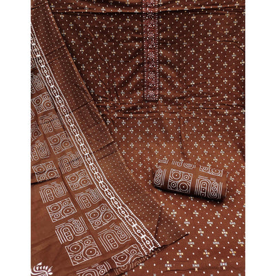 Brown Printed With Embroidered Cotton Blend Dress Material