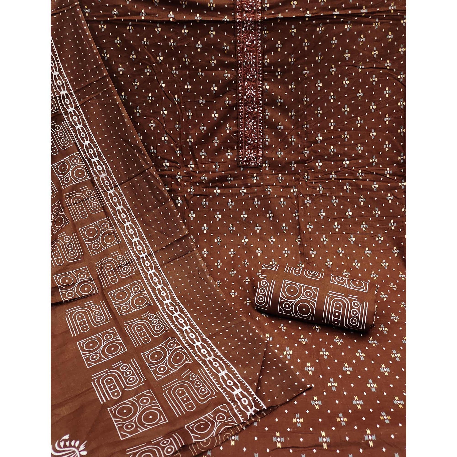 Brown Printed With Embroidered Cotton Blend Dress Material