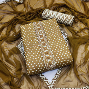 Brown Printed With Embroidered Cotton Blend Dress Material