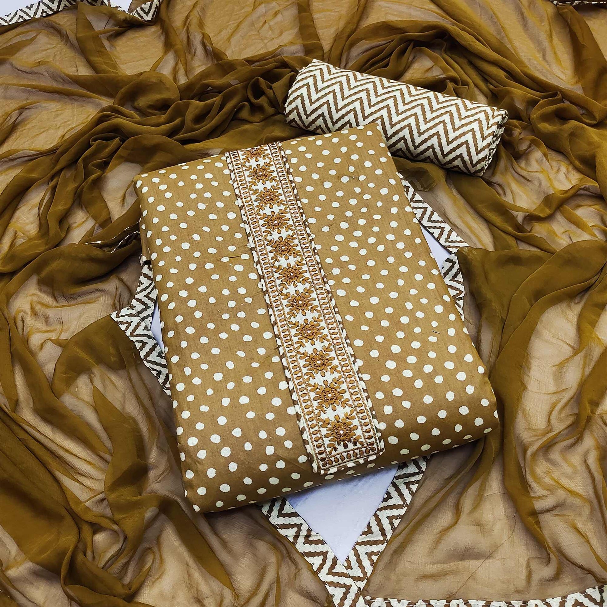 Brown Printed With Embroidered Cotton Blend Dress Material