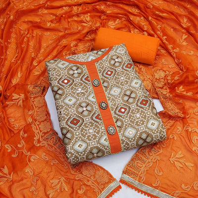 Brown Printed With Embroidered Cotton Blend Dress Material