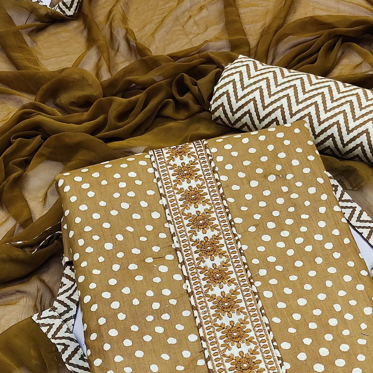 Brown Printed With Embroidered Cotton Blend Dress Material
