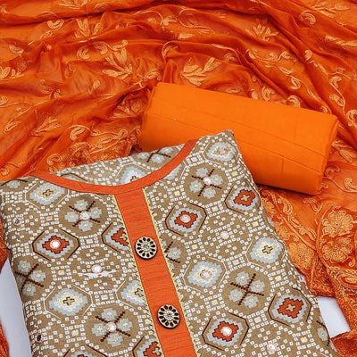 Brown Printed With Embroidered Cotton Blend Dress Material