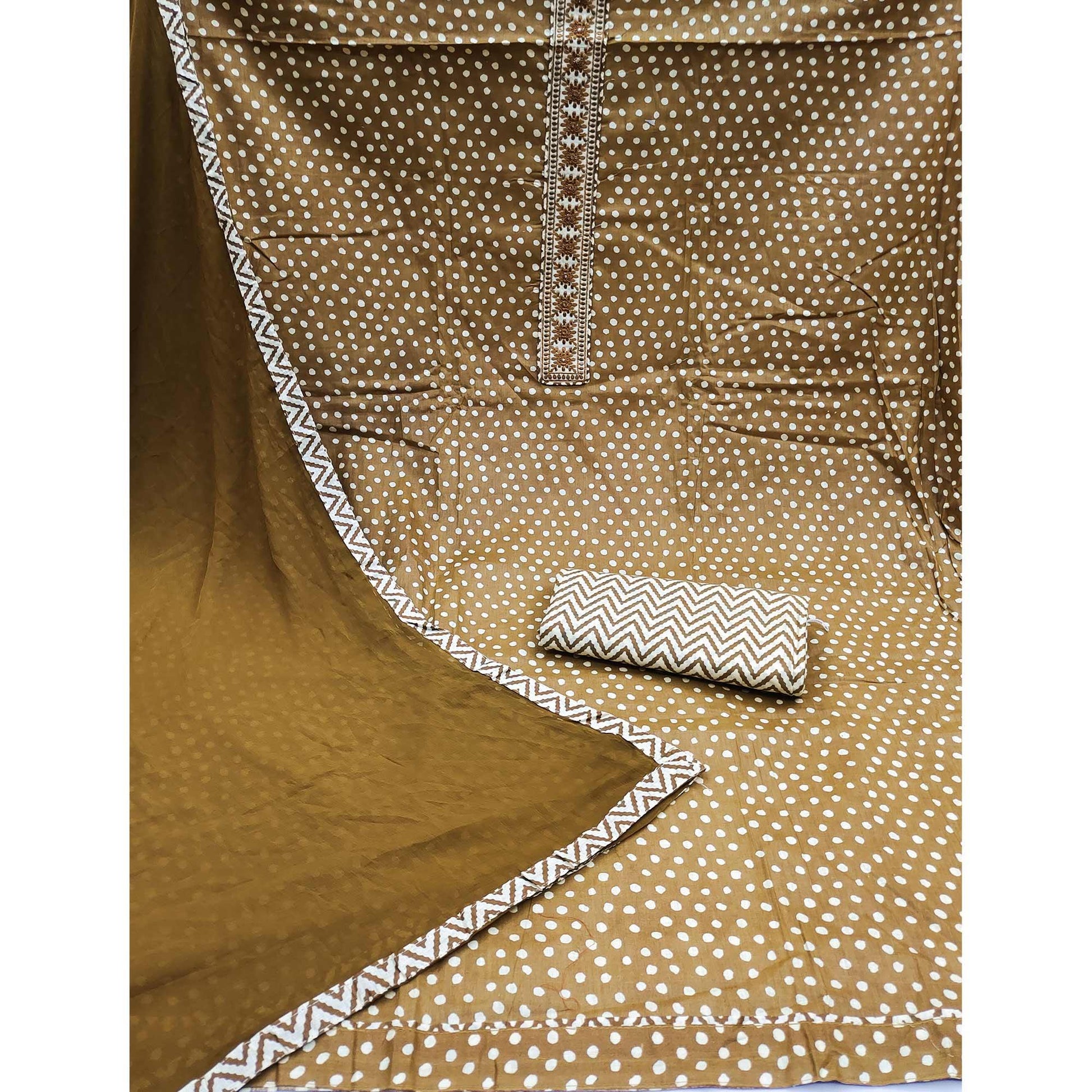 Brown Printed With Embroidered Cotton Blend Dress Material