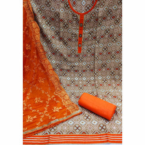 Brown Printed With Embroidered Cotton Blend Dress Material