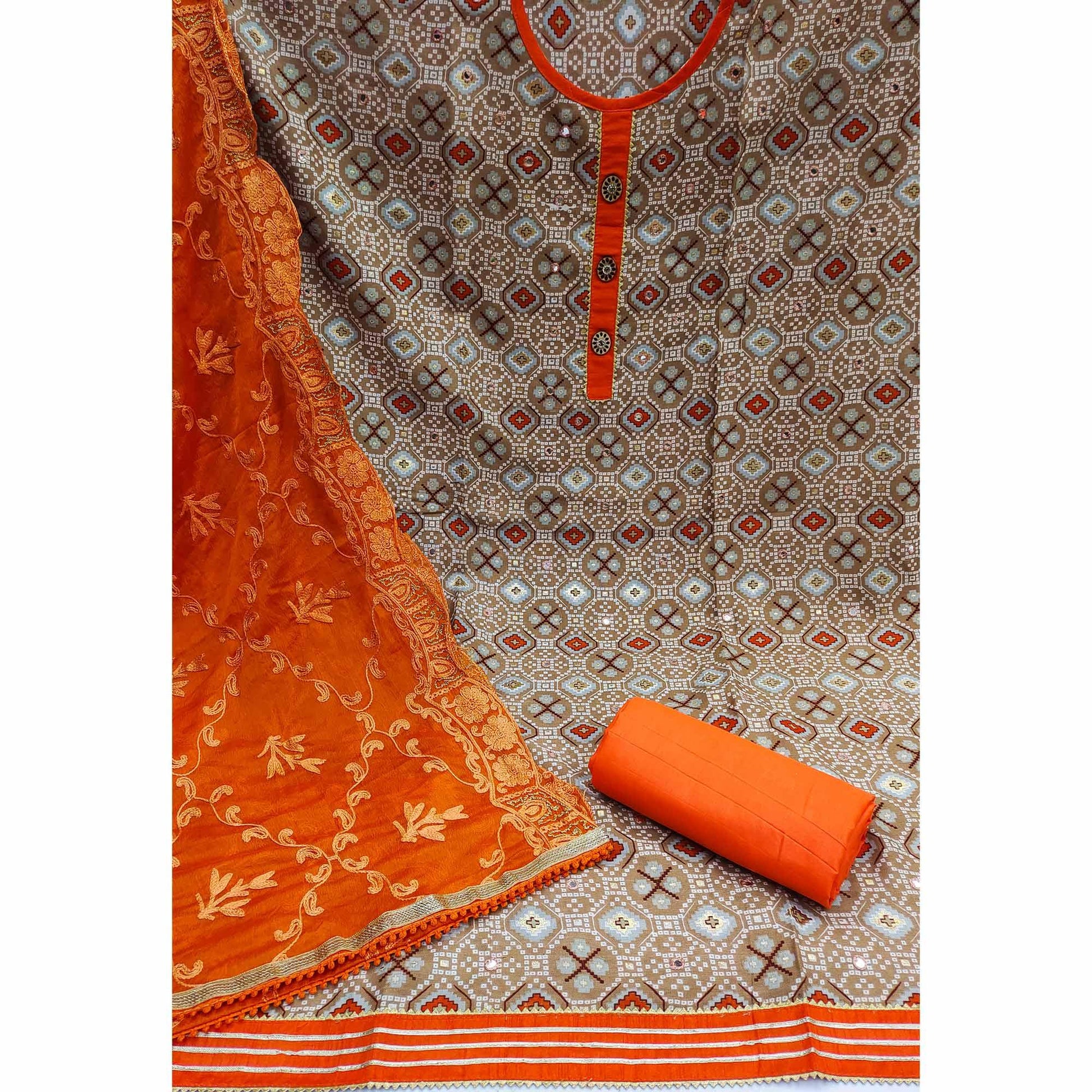 Brown Printed With Embroidered Cotton Blend Dress Material