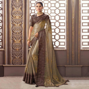 Brown Printed With Sequins Work Organza Saree