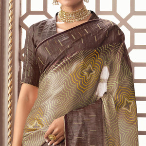 Brown Printed With Sequins Work Organza Saree