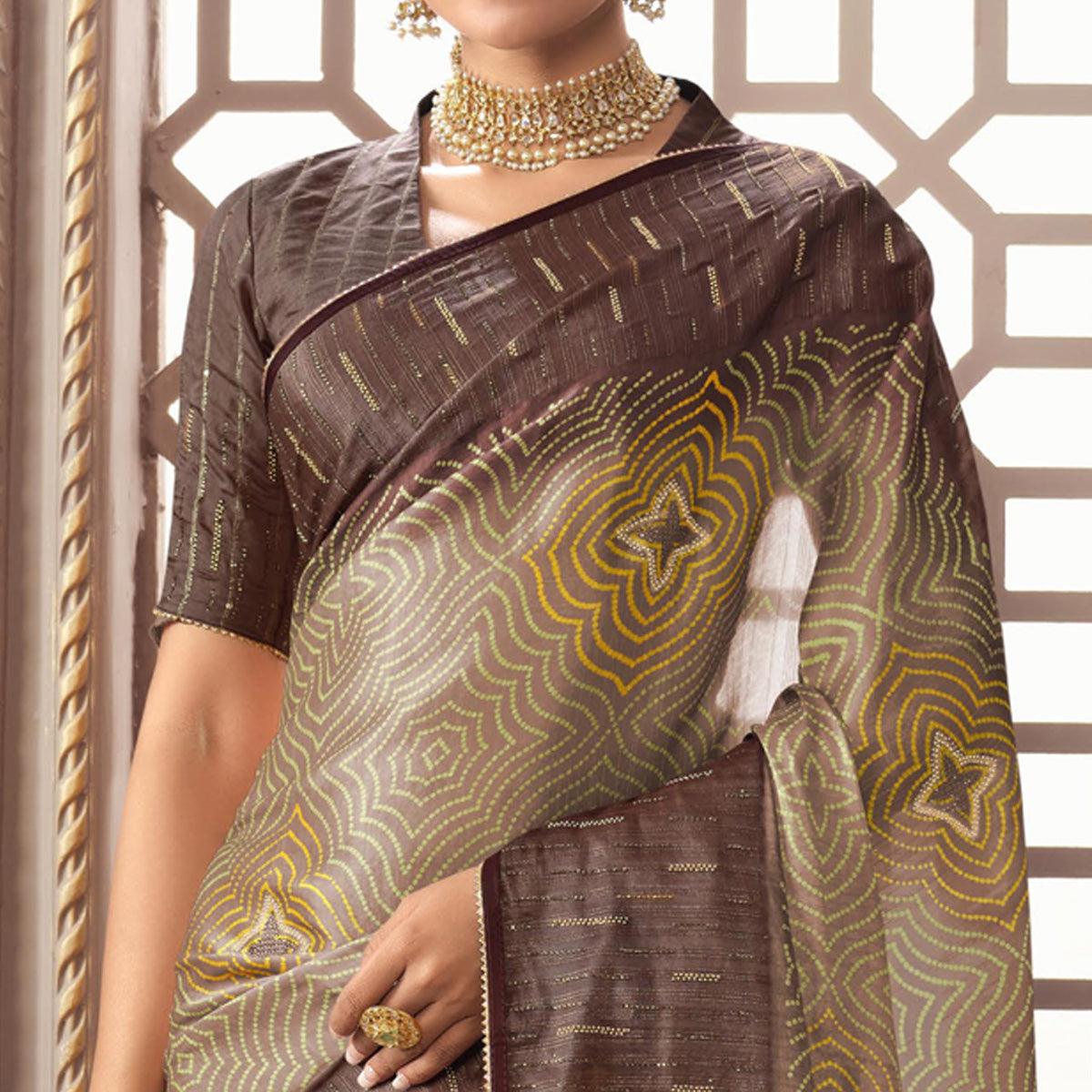 Brown Printed With Sequins Work Organza Saree