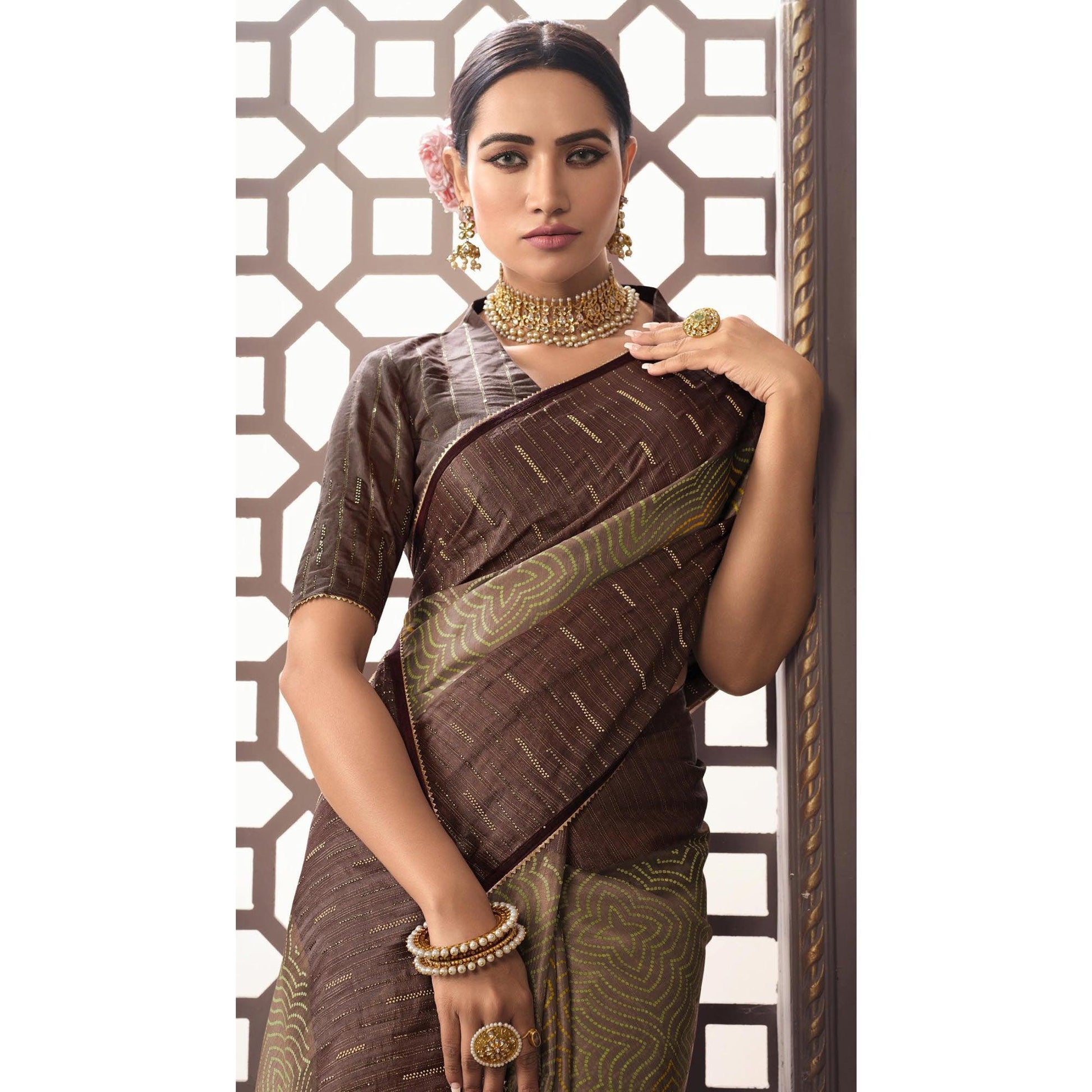 Brown Printed With Sequins Work Organza Saree