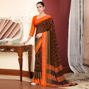 Brown Printed With Swarovski Work Georgette Saree
