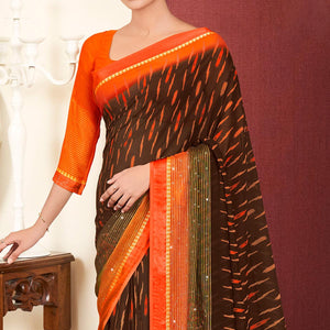 Brown Printed With Swarovski Work Georgette Saree