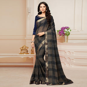 Brown Printed With Woven Border Georgette Saree