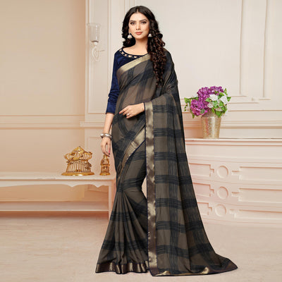 Brown Printed With Woven Border Georgette Saree
