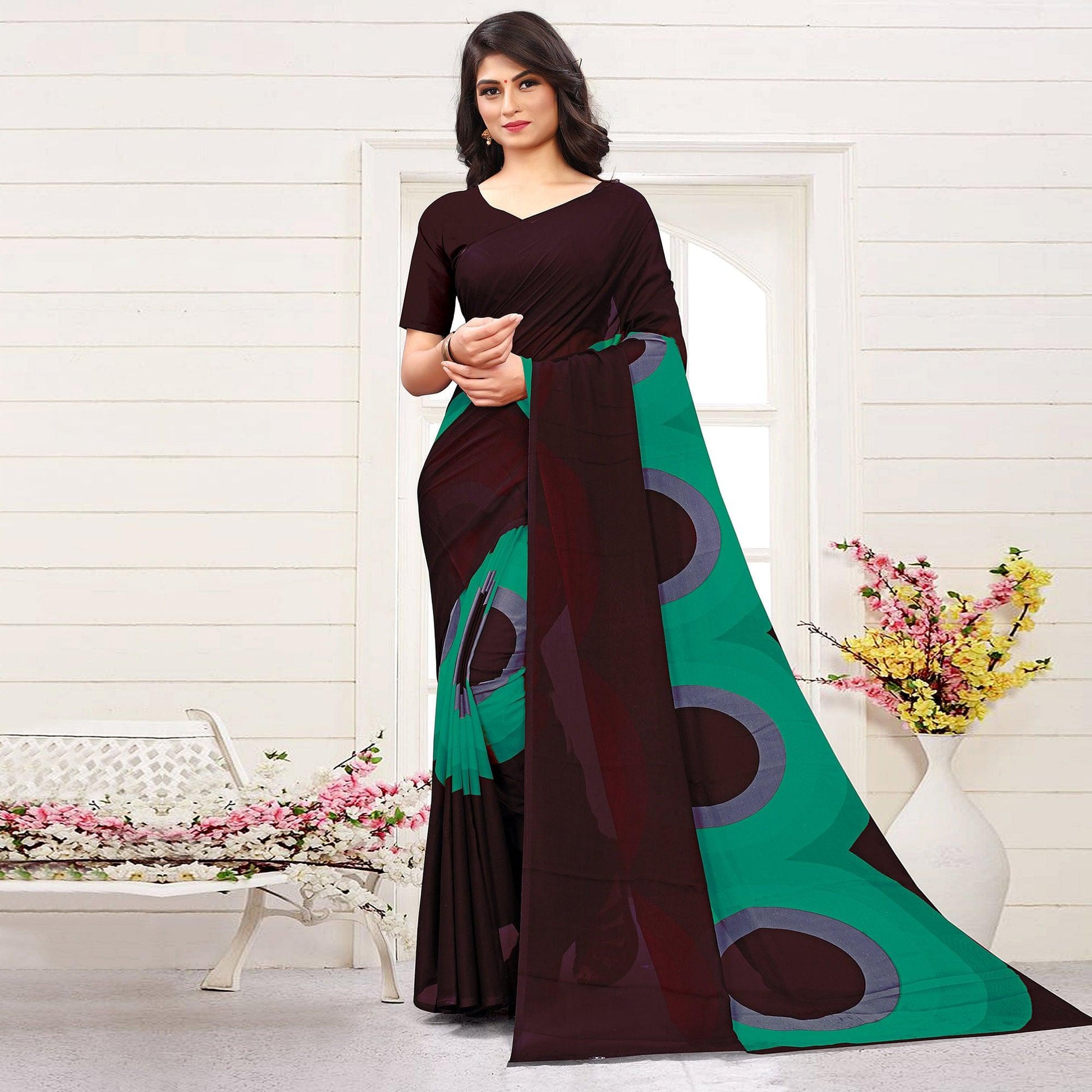 Brown Sea-Green Casual Wear Printed Georgette Saree