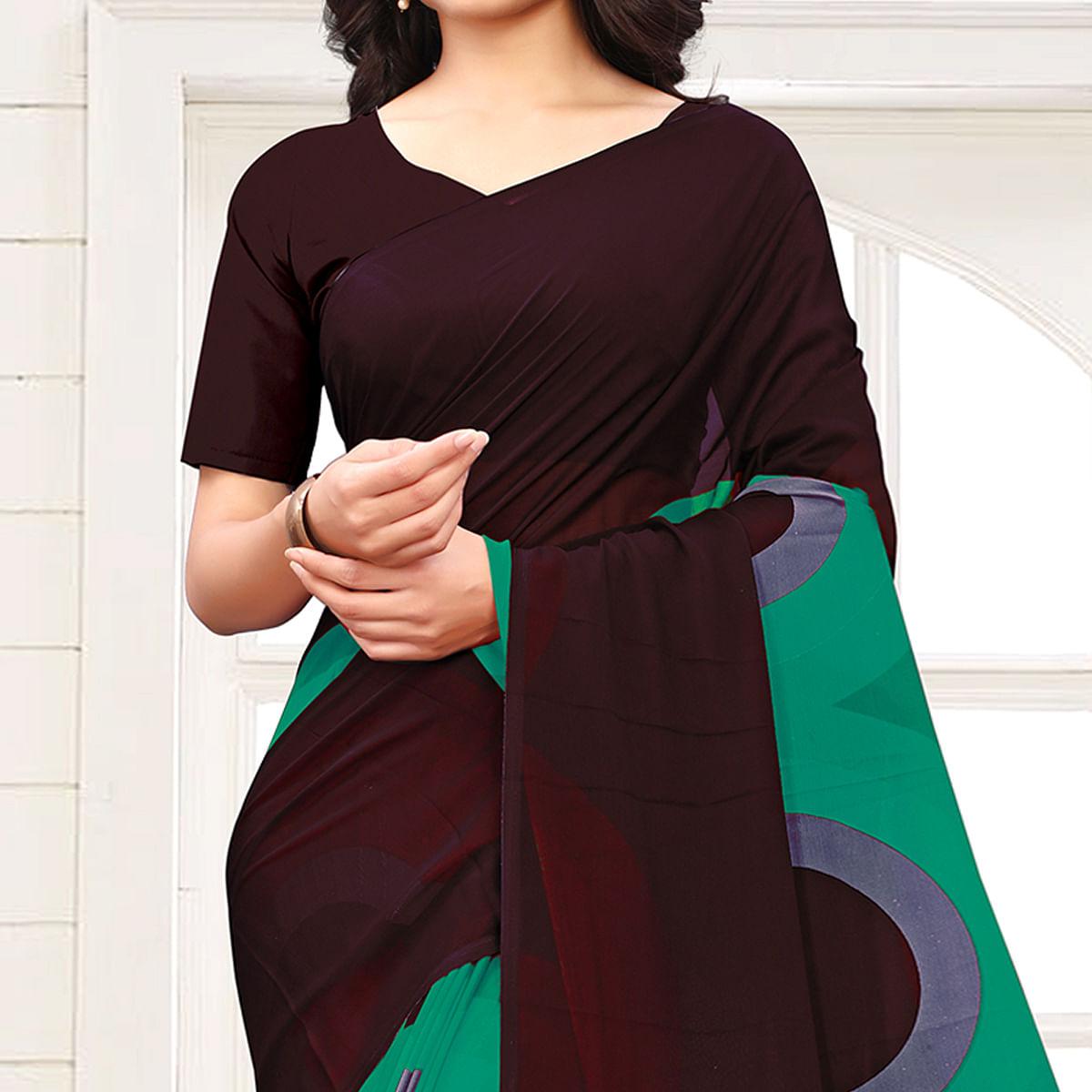 Brown Sea-Green Casual Wear Printed Georgette Saree