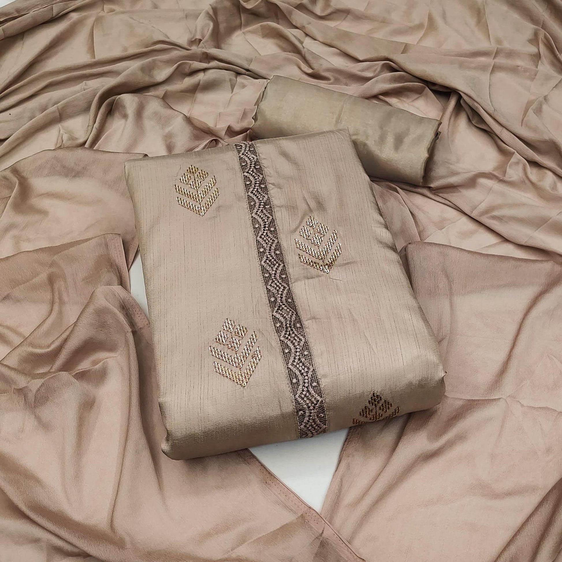 Brown Sequins Embroidered Art Silk Dress Material