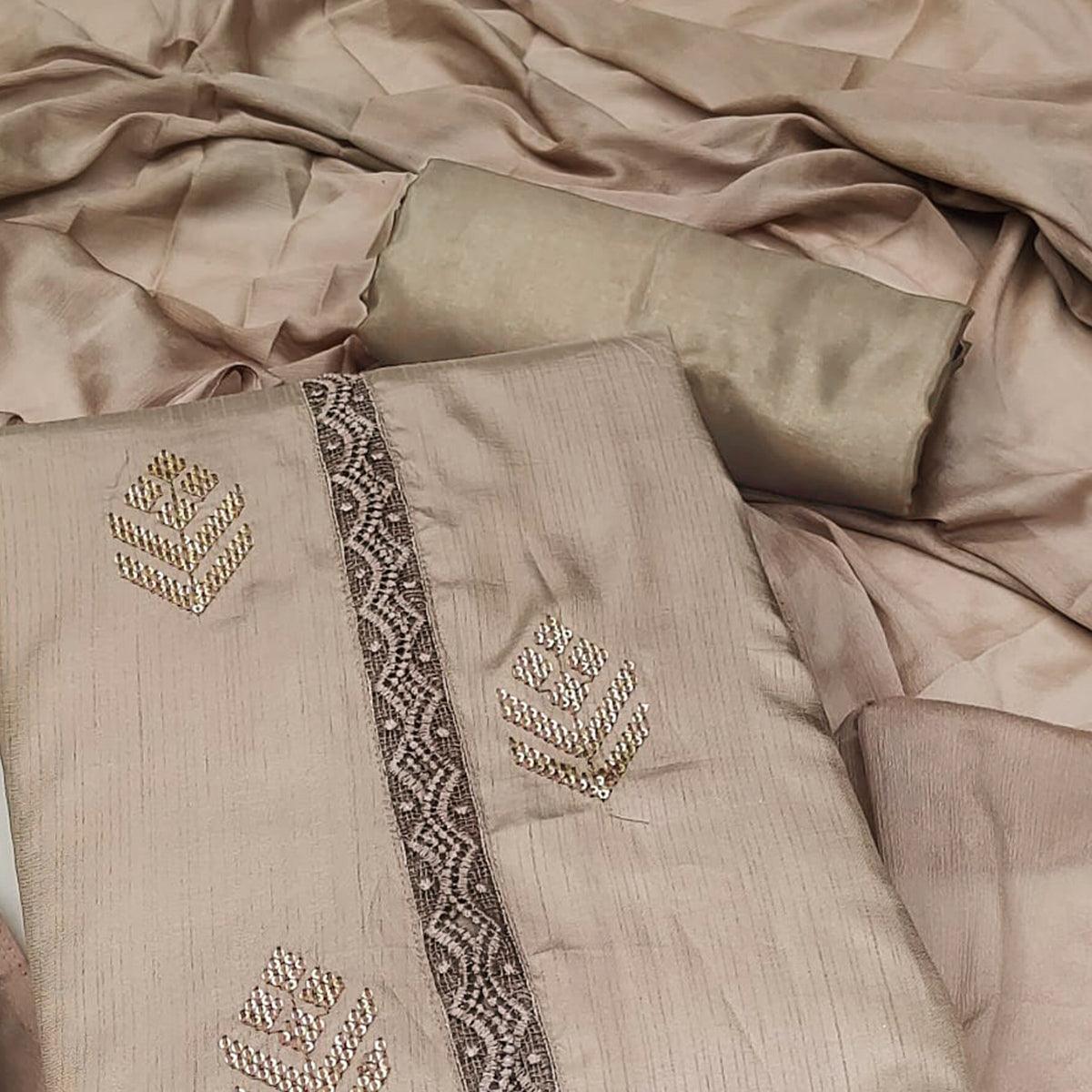 Brown Sequins Embroidered Art Silk Dress Material