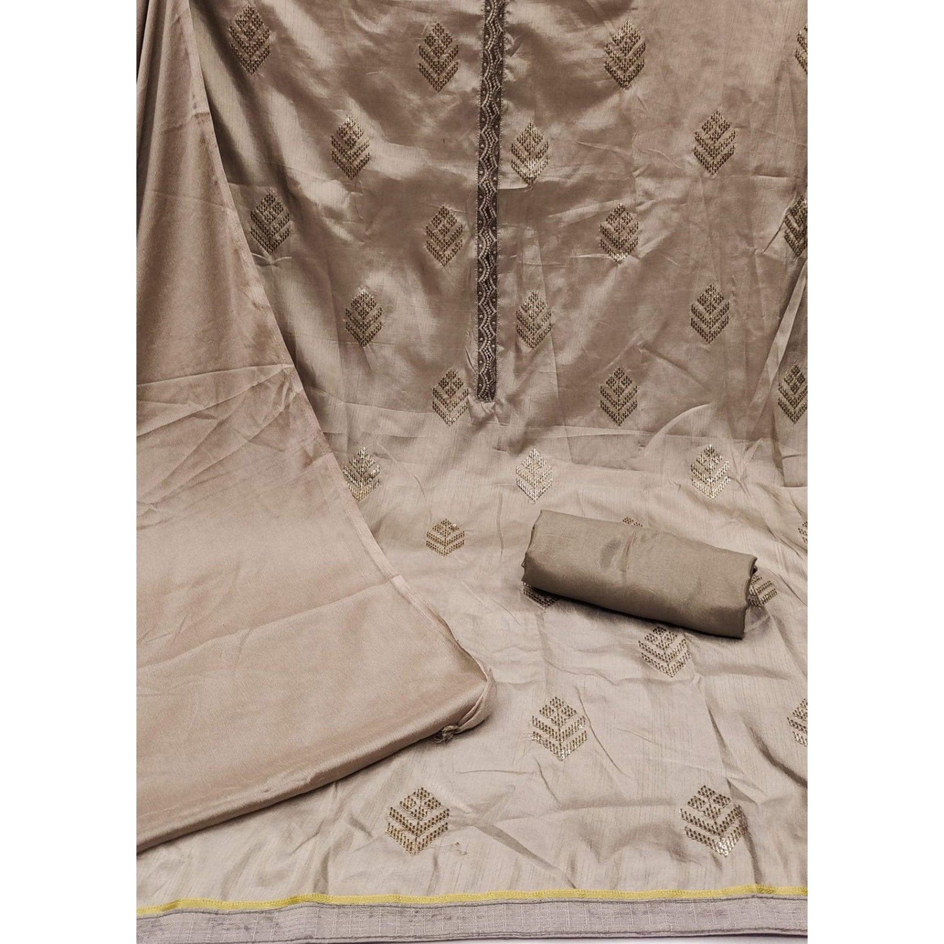 Brown Sequins Embroidered Art Silk Dress Material