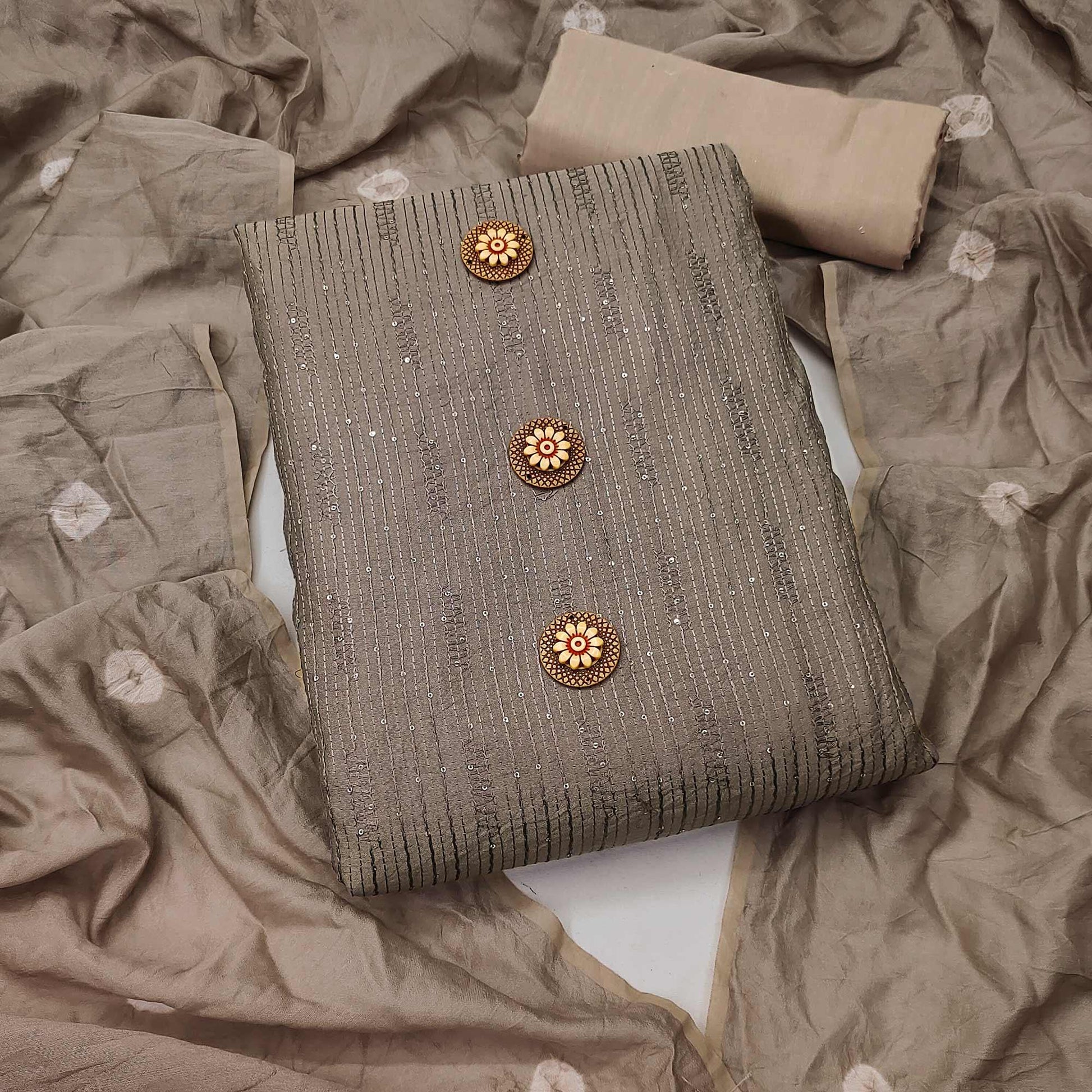 Brown Sequins Embroidered Chanderi Dress Material
