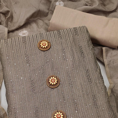 Brown Sequins Embroidered Chanderi Dress Material