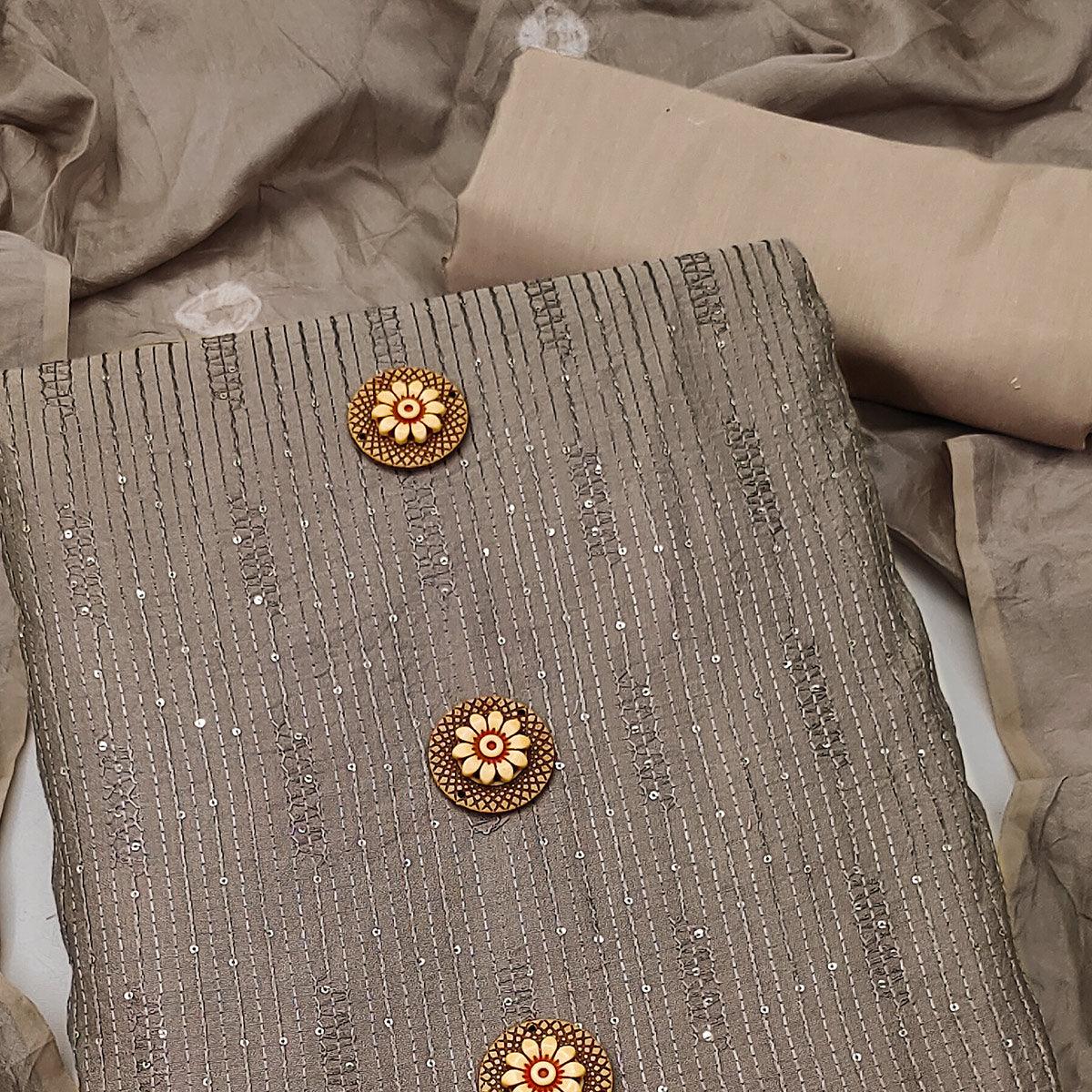 Brown Sequins Embroidered Chanderi Dress Material