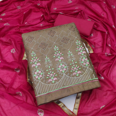 Brown Sequins Embroidered Cotton Dress Material