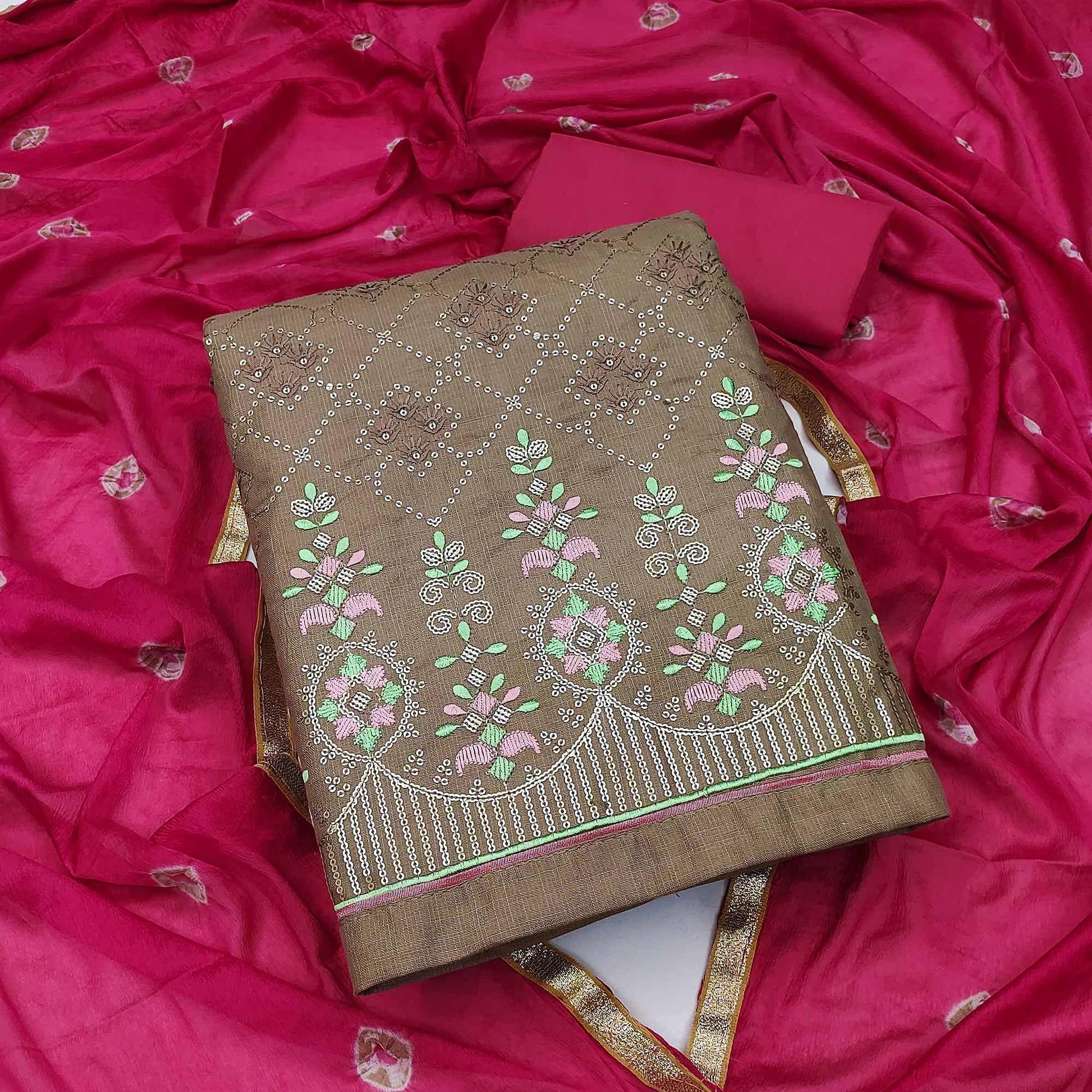Brown Sequins Embroidered Cotton Dress Material