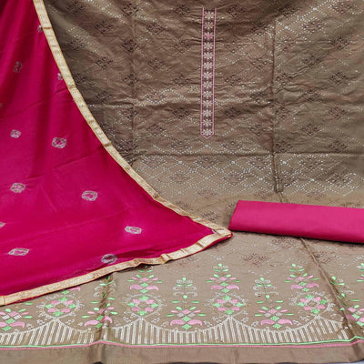 Brown Sequins Embroidered Cotton Dress Material