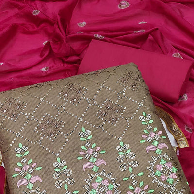 Brown Sequins Embroidered Cotton Dress Material