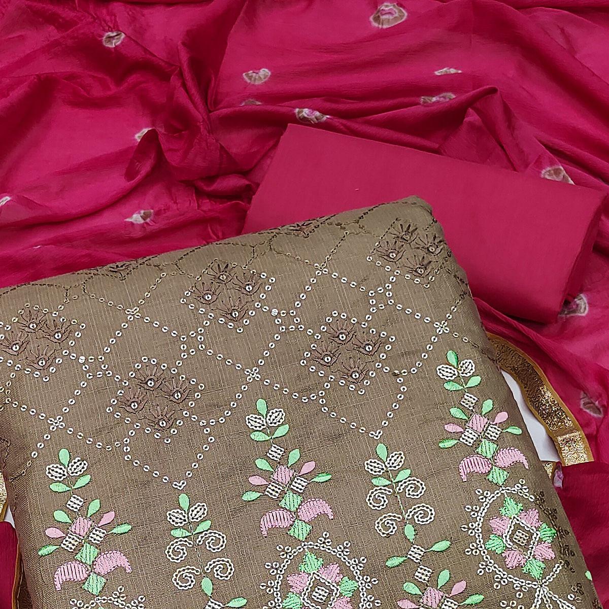 Brown Sequins Embroidered Cotton Dress Material