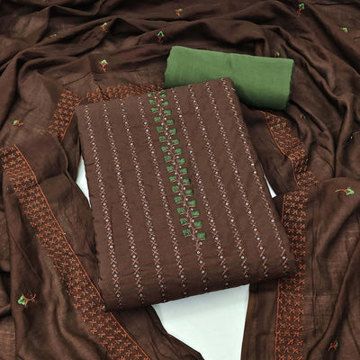 Brown Sequins Embroidered Cotton Silk Dress Material