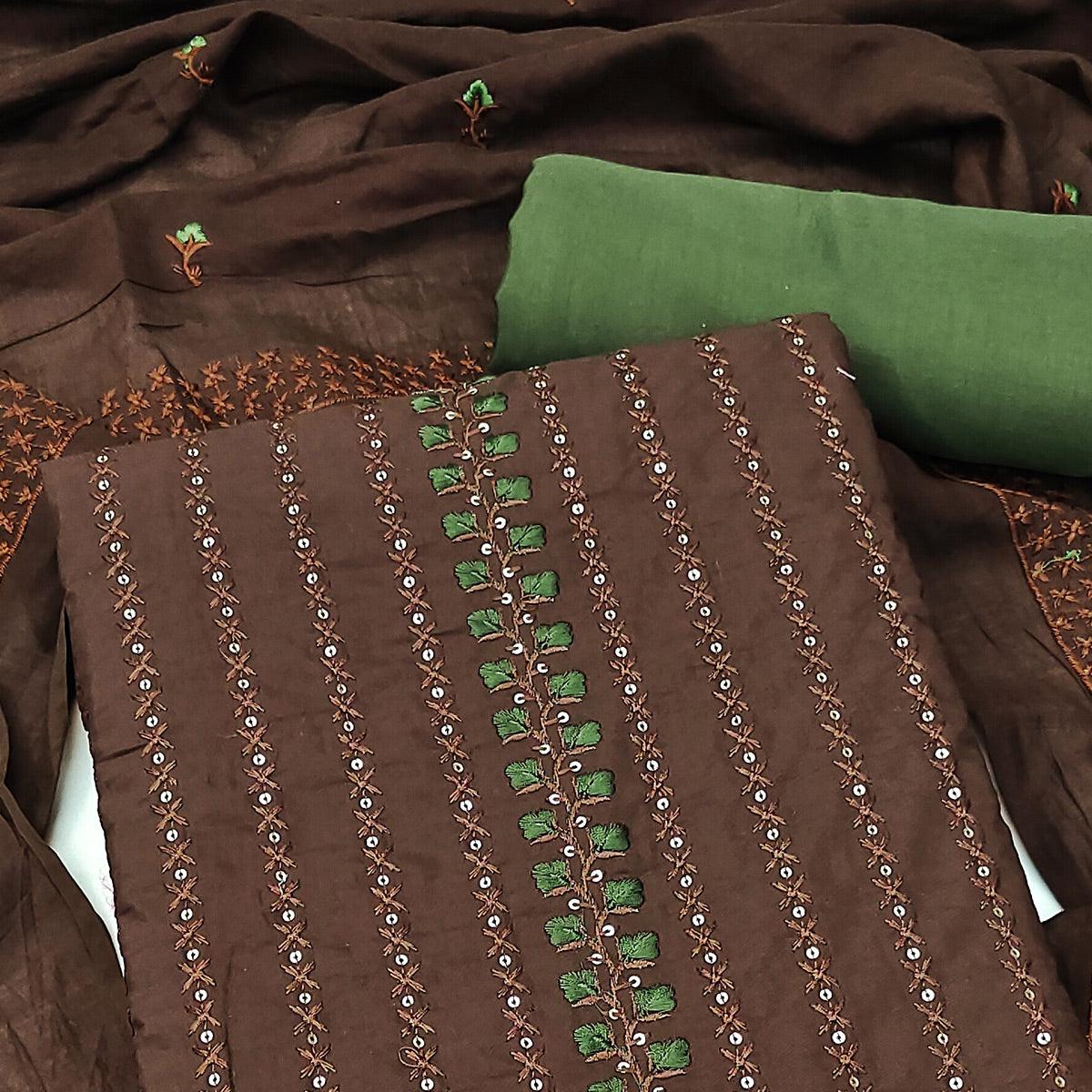 Brown Sequins Embroidered Cotton Silk Dress Material