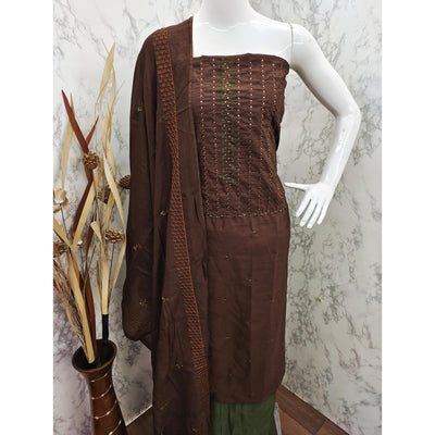 Brown Sequins Embroidered Cotton Silk Dress Material
