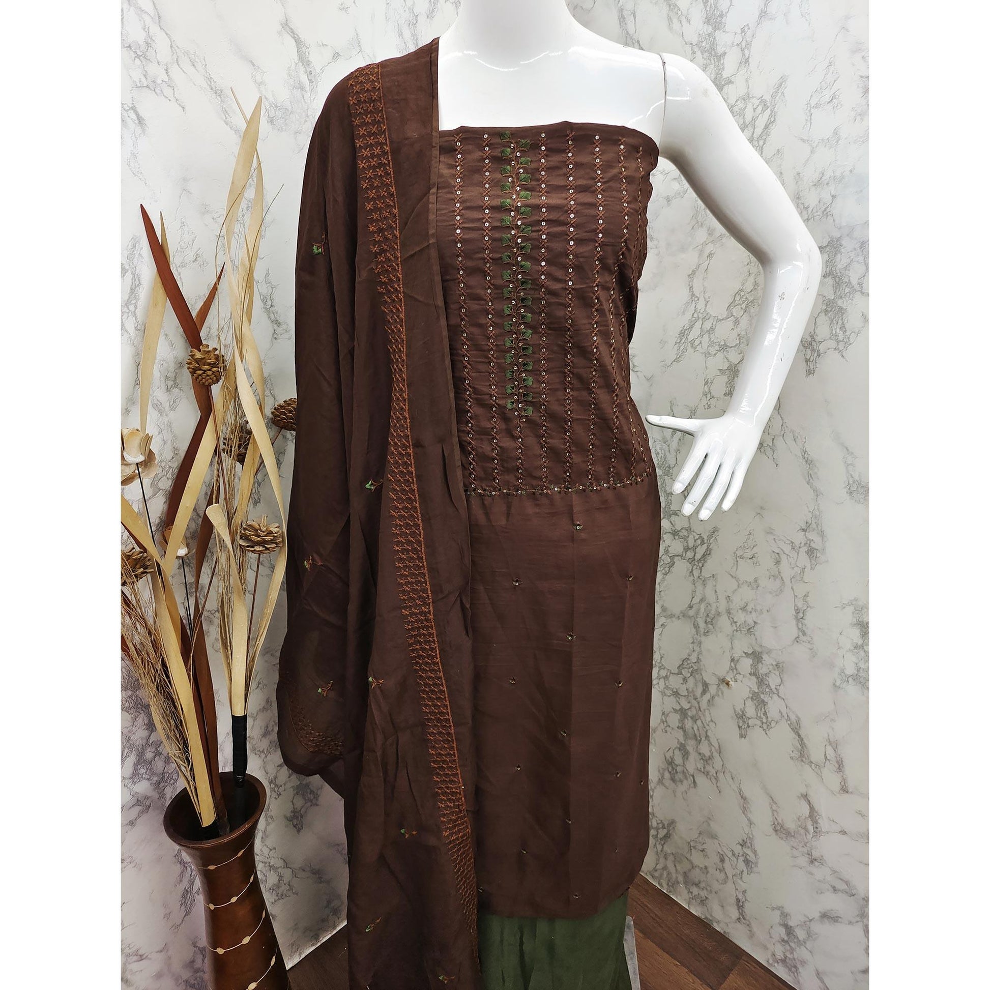 Brown Sequins Embroidered Cotton Silk Dress Material