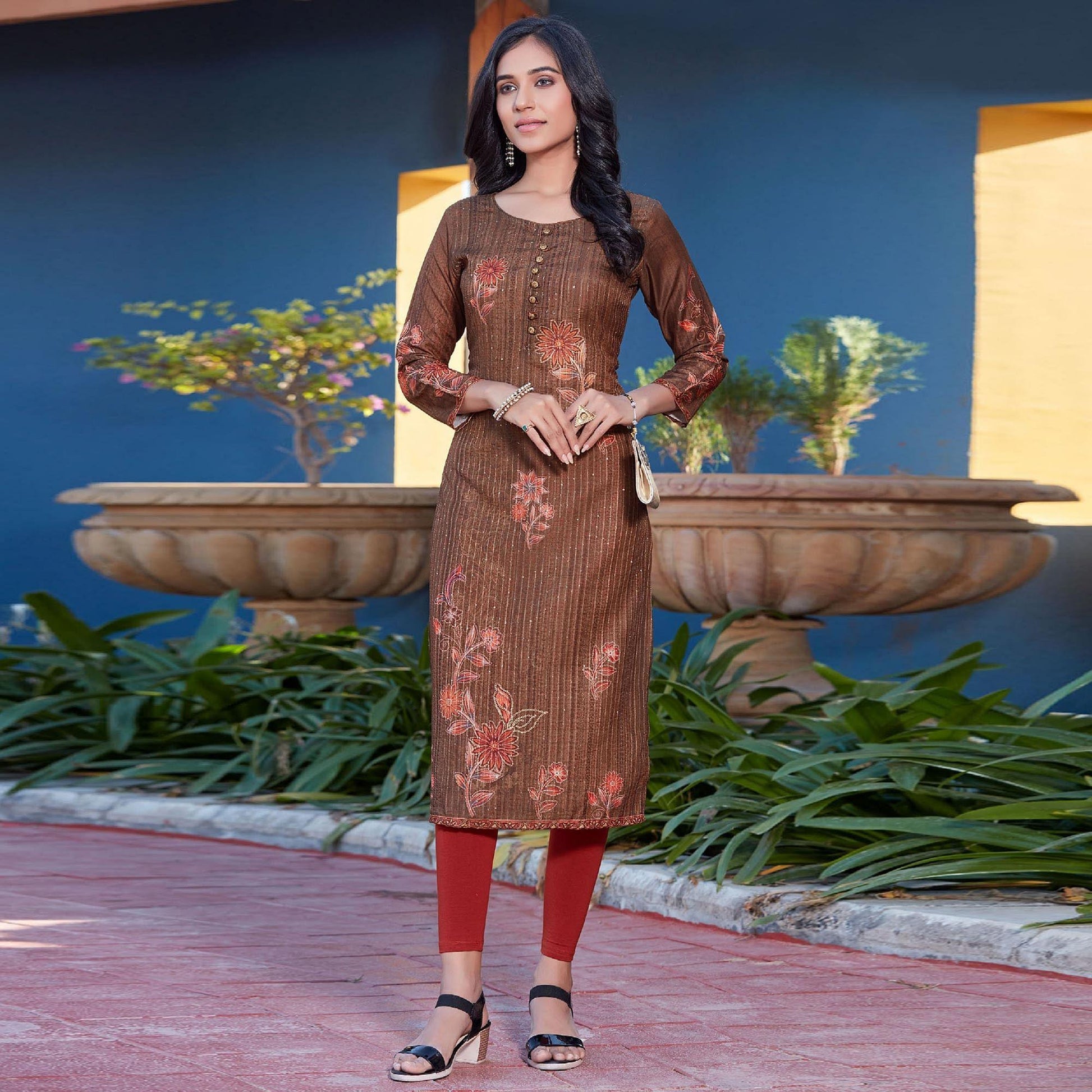 Brown Sequins Embroidered Cotton Silk Kurti