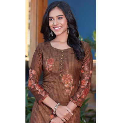 Brown Sequins Embroidered Cotton Silk Kurti