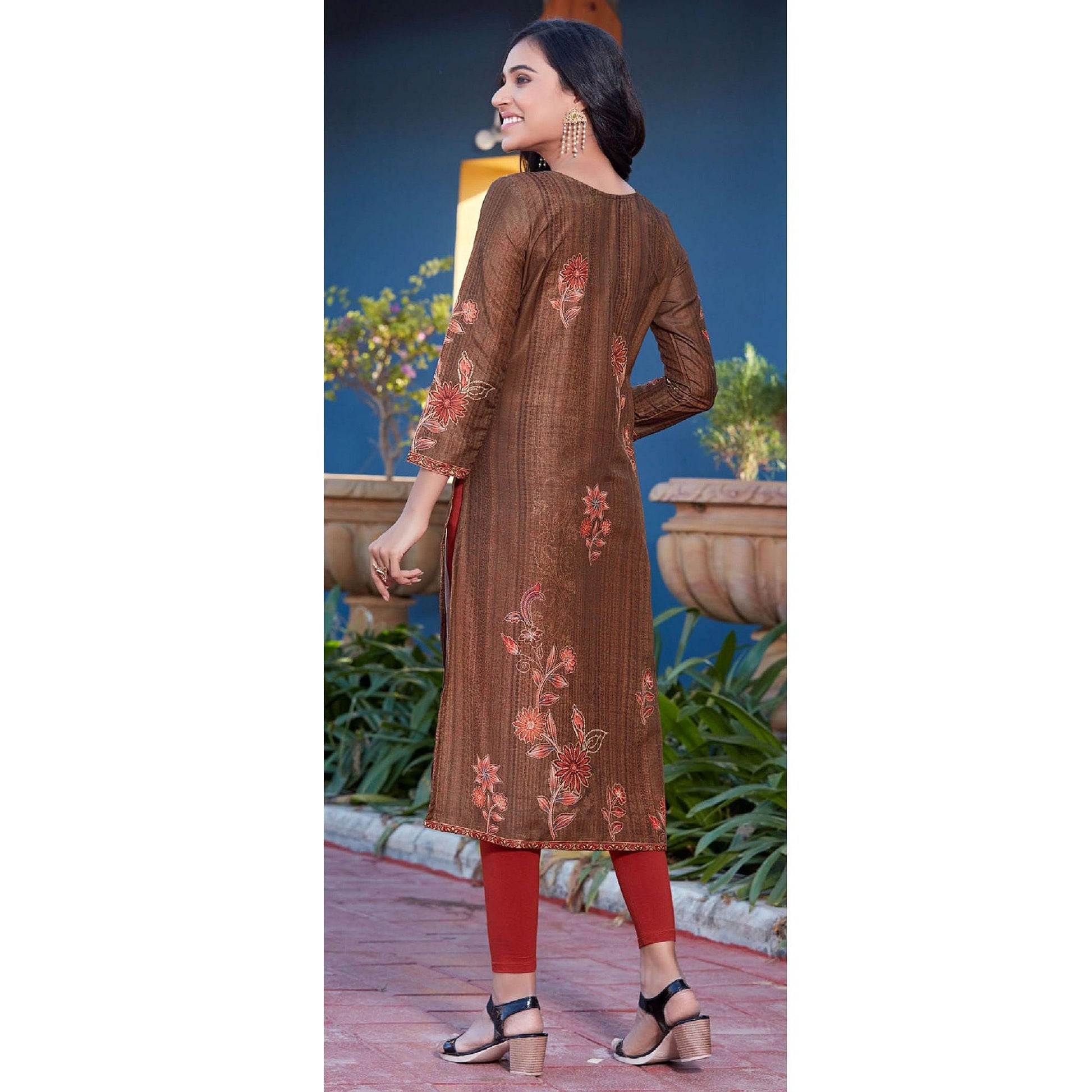 Brown Sequins Embroidered Cotton Silk Kurti